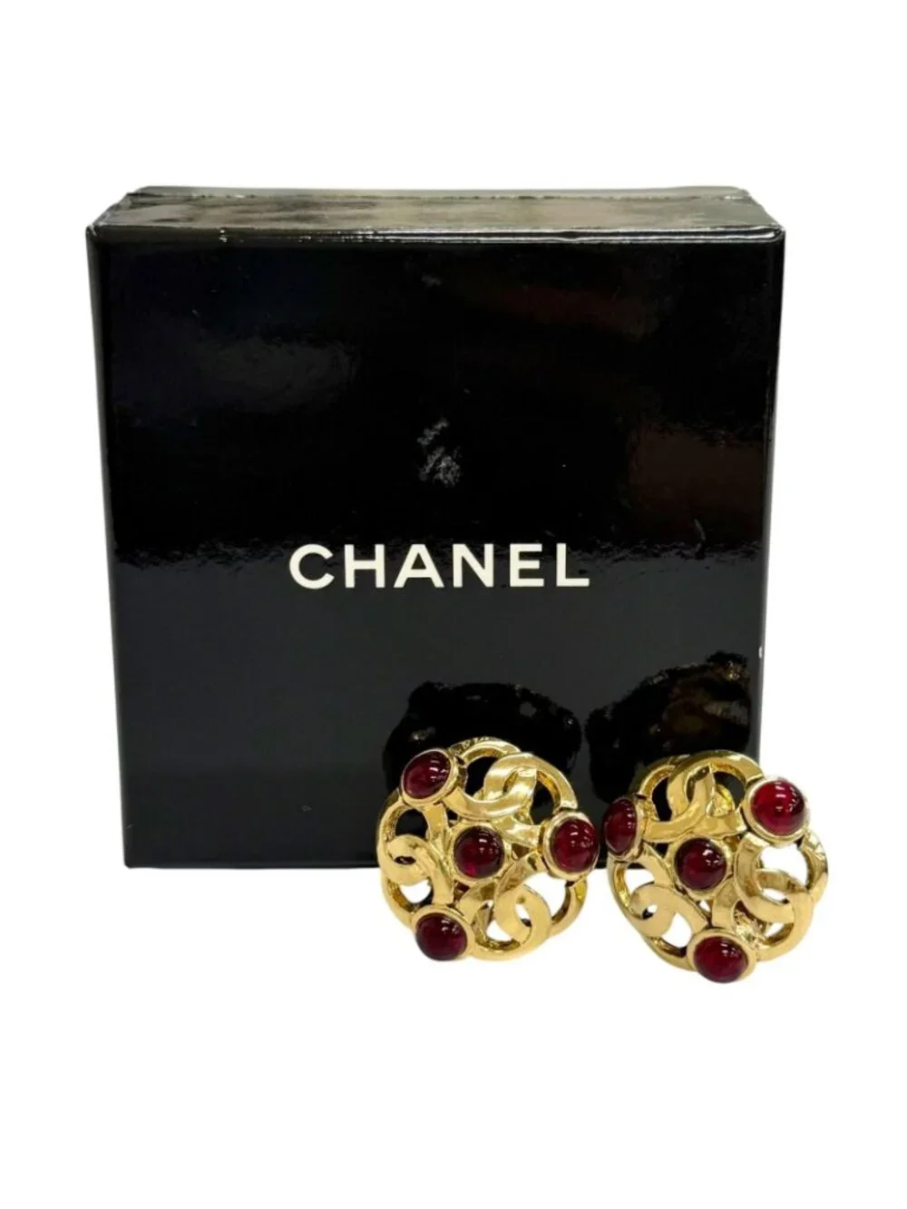 Chanel Vintage 25 Gripoix CC Logo Earrings Gold Red French